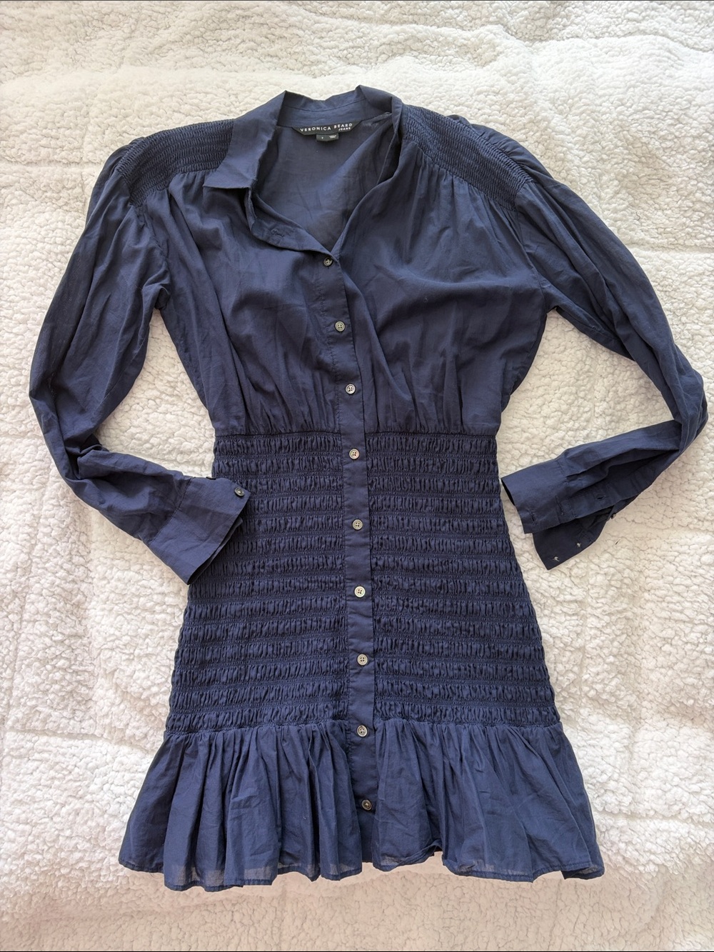 Veronica Beard Navy Long-Sleeve Smocked Button-Front Dress